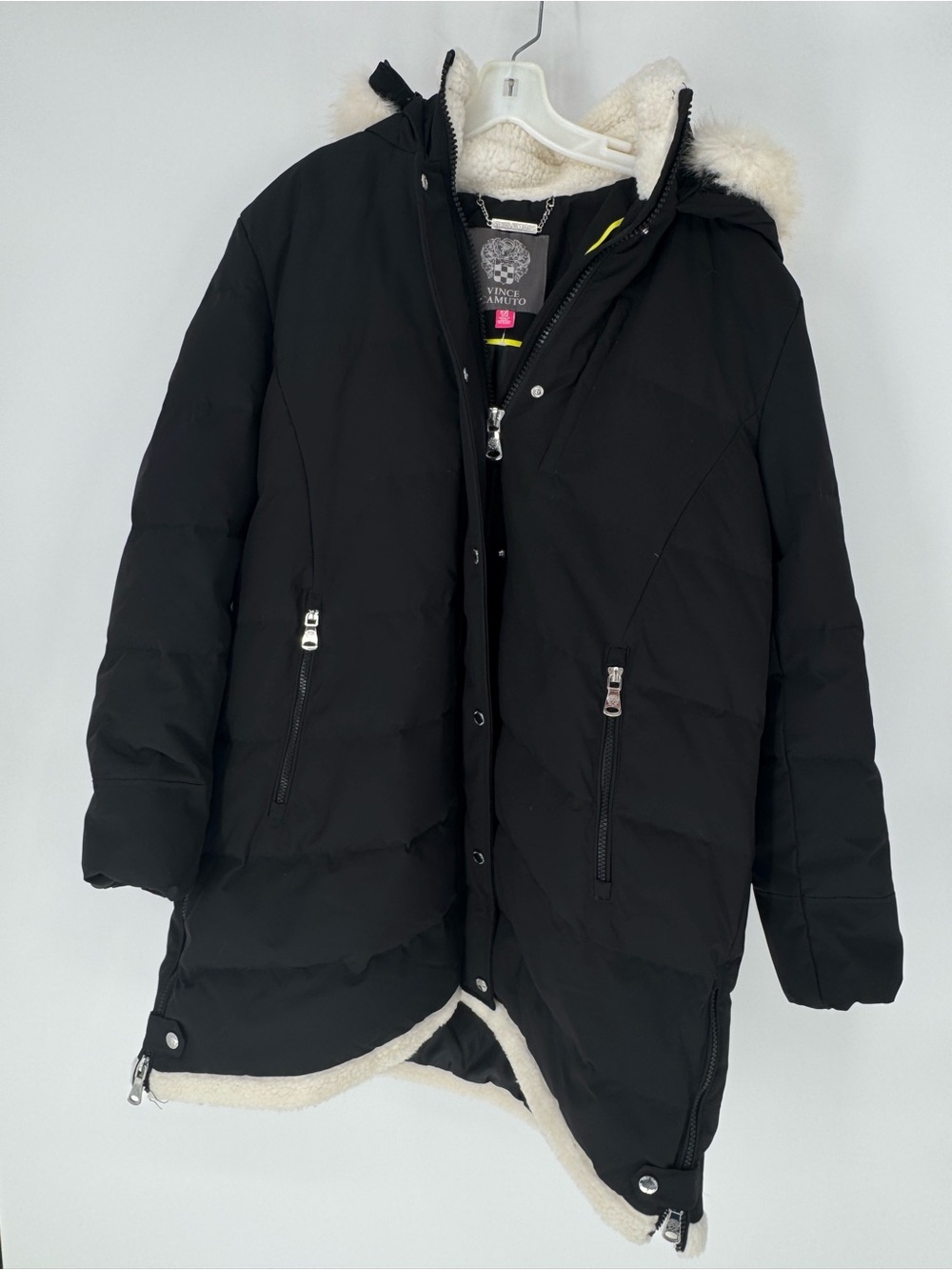 Vince Camuto Black Puffer Coat with Faux-Sherpa Trim